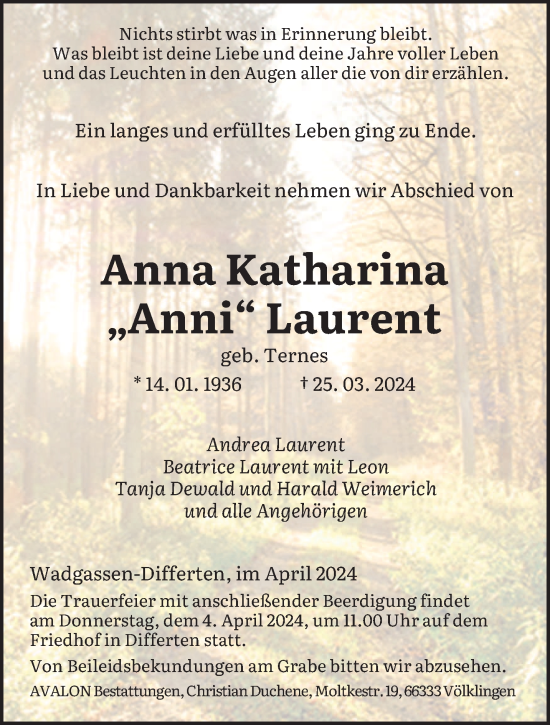 Traueranzeige von Anna Katharina Laurent von saarbruecker_zeitung