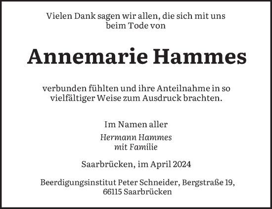 Traueranzeige von Annemarie Hammes von saarbruecker_zeitung