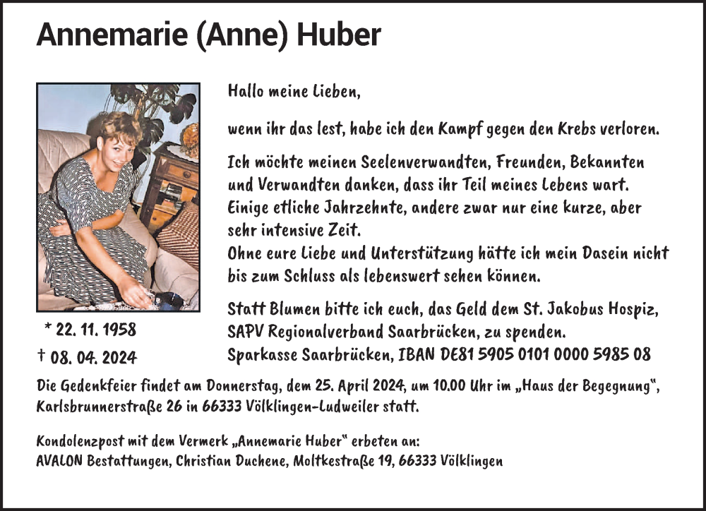  Traueranzeige für Annemarie Huber vom 13.04.2024 aus saarbruecker_zeitung