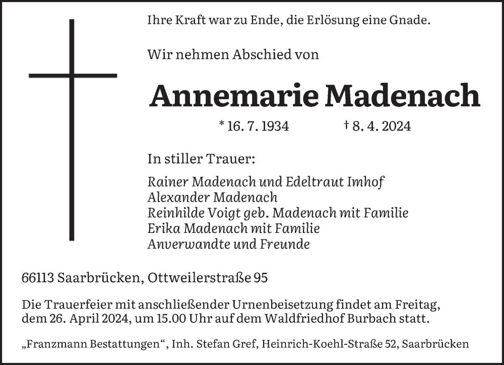  Traueranzeige für Annemarie Madenach vom 13.04.2024 aus saarbruecker_zeitung