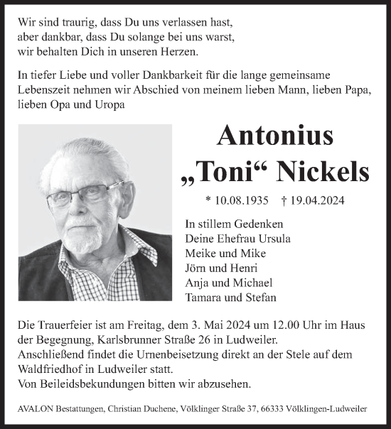 Traueranzeige von Antonius Nickels von saarbruecker_zeitung