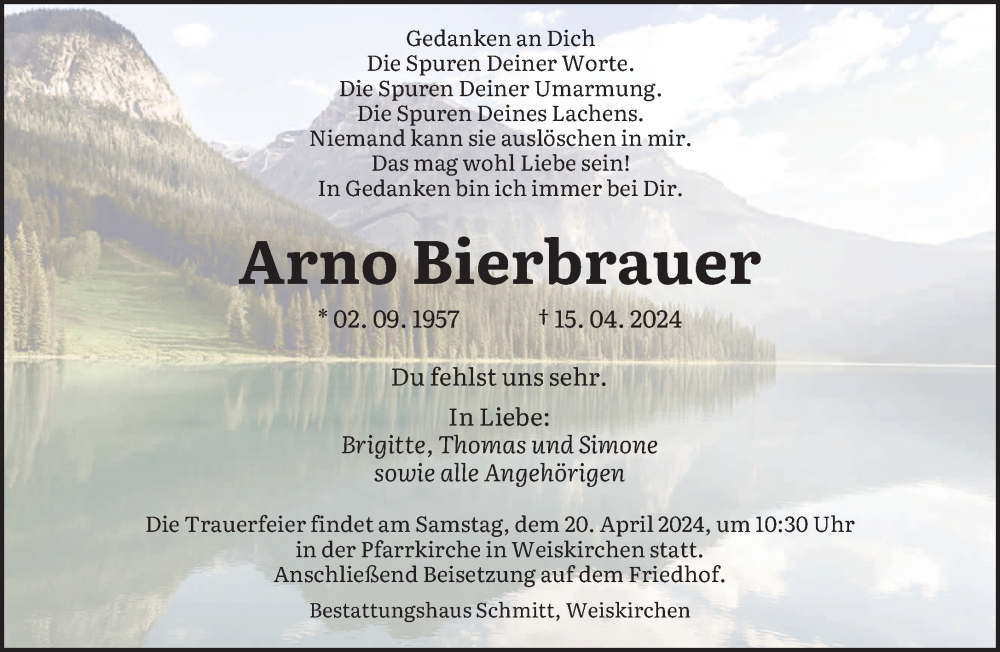  Traueranzeige für Arno Bierbrauer vom 18.04.2024 aus saarbruecker_zeitung