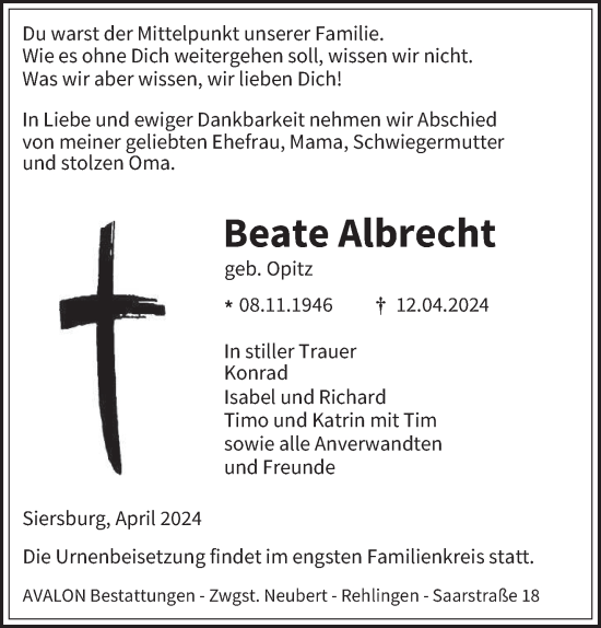 Traueranzeige von Beate Albrecht von saarbruecker_zeitung