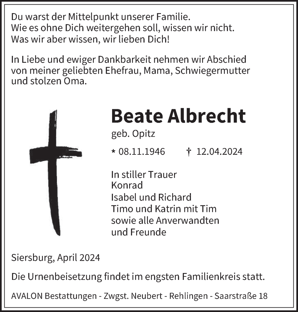  Traueranzeige für Beate Albrecht vom 20.04.2024 aus saarbruecker_zeitung