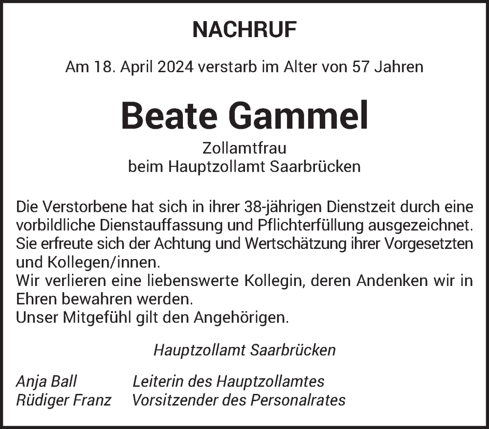  Traueranzeige für Beate Gammel vom 25.04.2024 aus saarbruecker_zeitung