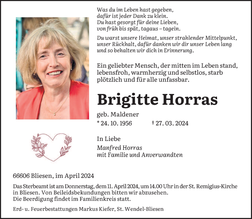  Traueranzeige für Brigitte Horras vom 06.04.2024 aus saarbruecker_zeitung