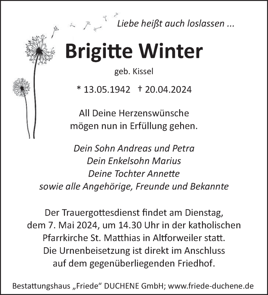  Traueranzeige für Brigitte Winter vom 27.04.2024 aus saarbruecker_zeitung