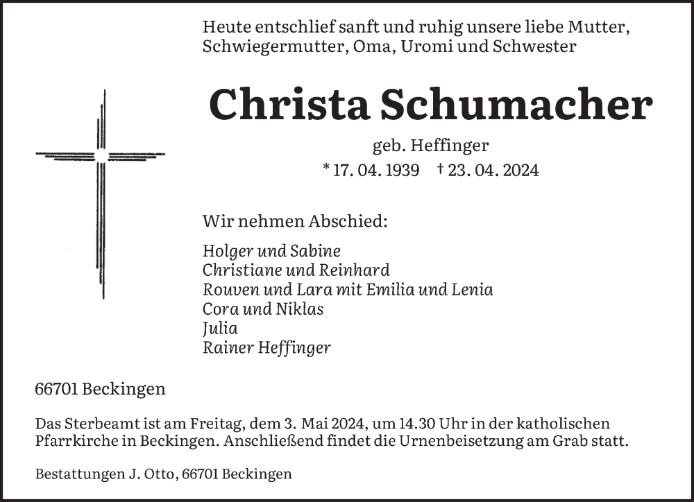  Traueranzeige für Christa Schumacher vom 27.04.2024 aus saarbruecker_zeitung