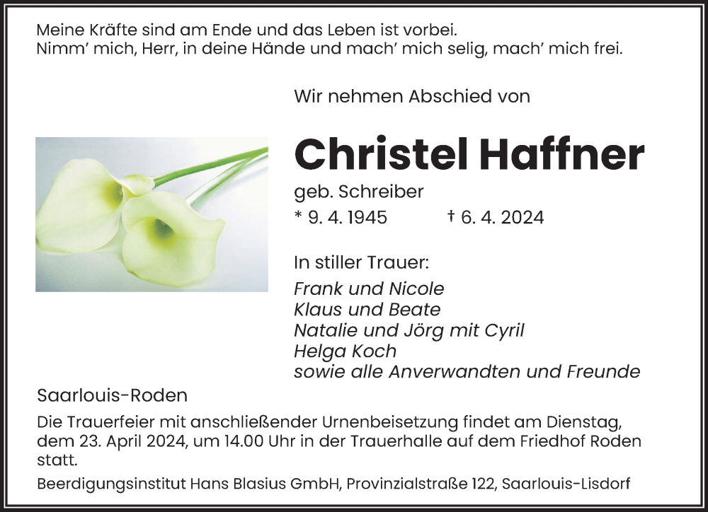  Traueranzeige für Christel Haffner vom 13.04.2024 aus saarbruecker_zeitung