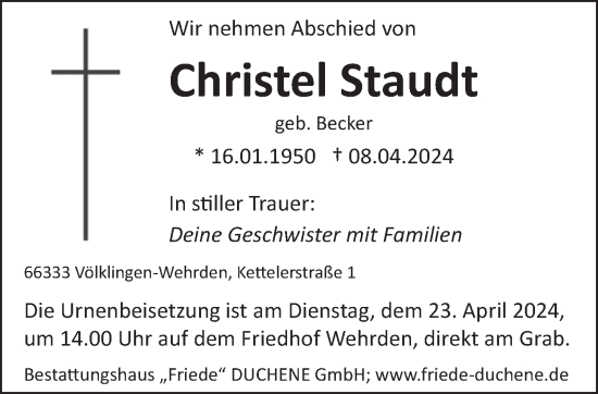 Traueranzeige von Christel Staudt von saarbruecker_zeitung