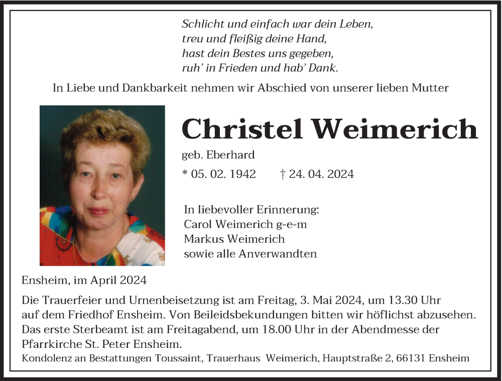  Traueranzeige für Christel Weimerich vom 27.04.2024 aus saarbruecker_zeitung