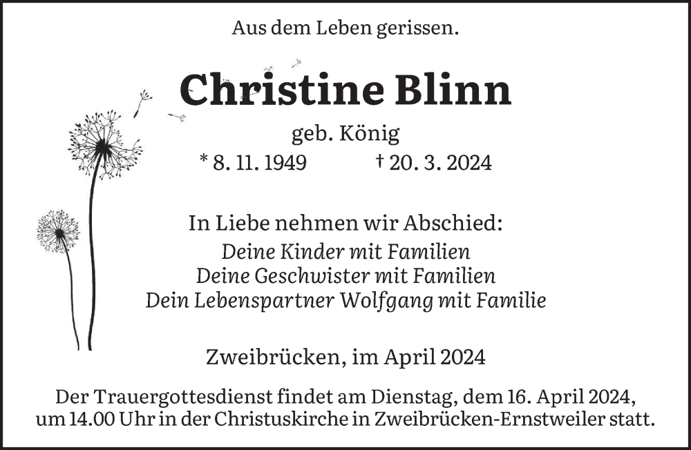  Traueranzeige für Christine Blinn vom 10.04.2024 aus saarbruecker_zeitung