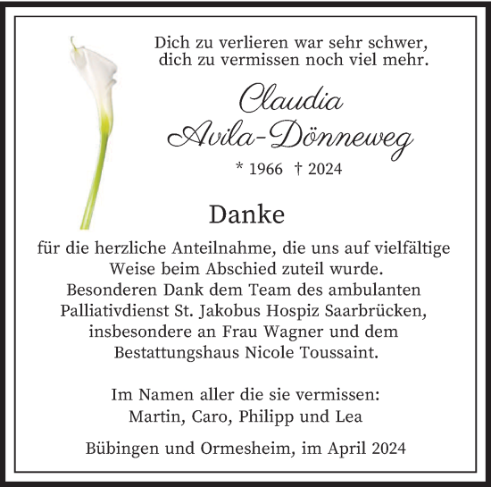 Traueranzeige von Claudia Avila-Dönneweg von saarbruecker_zeitung