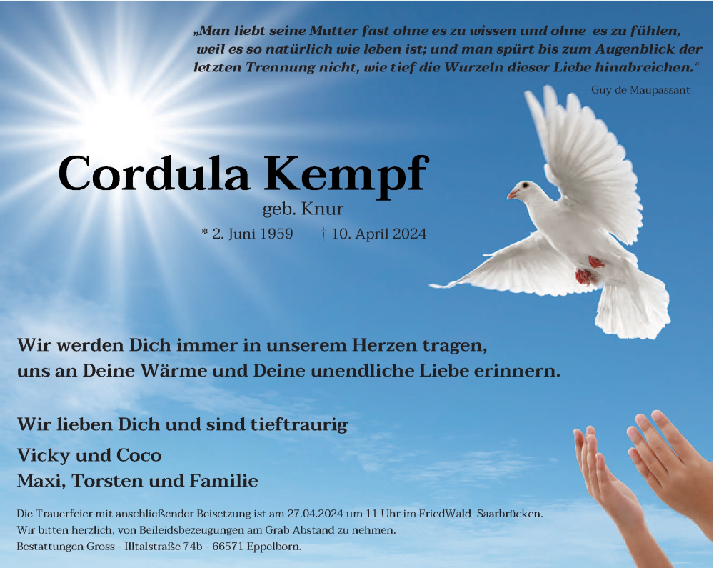  Traueranzeige für Cordula Kempf vom 13.04.2024 aus saarbruecker_zeitung