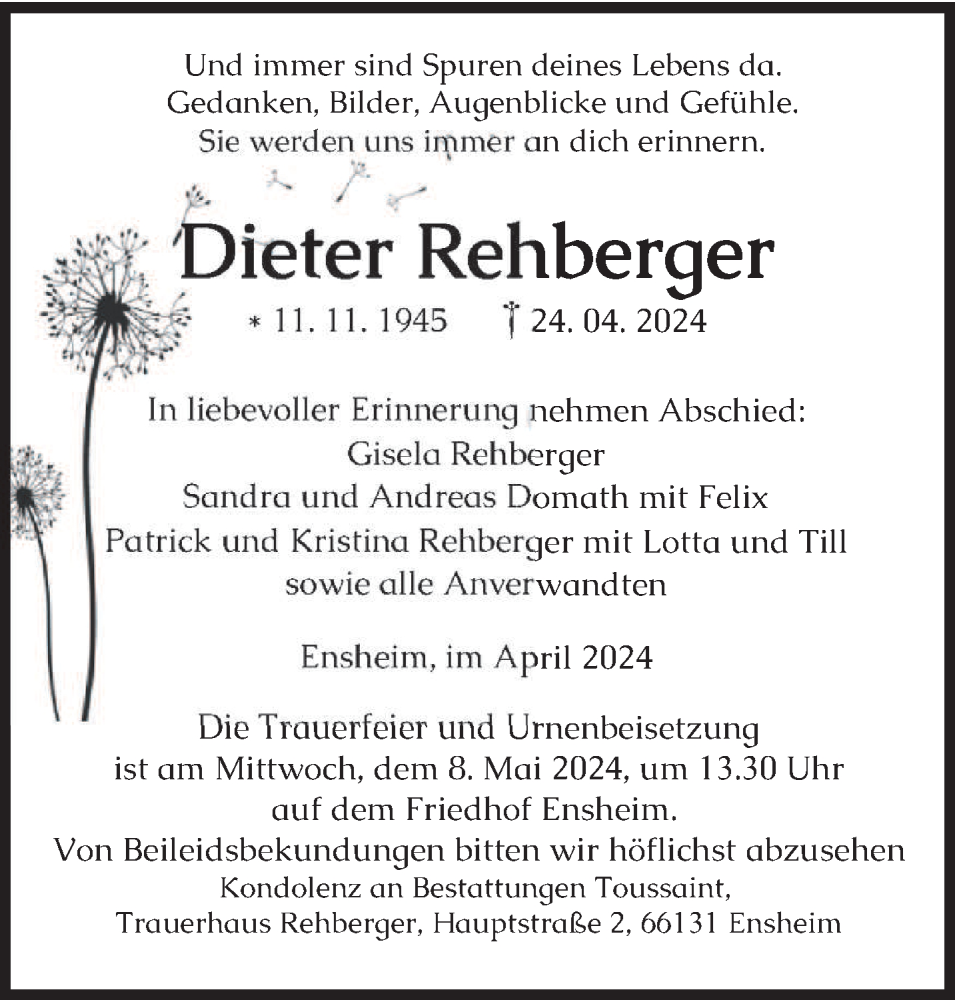  Traueranzeige für Dieter Rehberger vom 27.04.2024 aus saarbruecker_zeitung