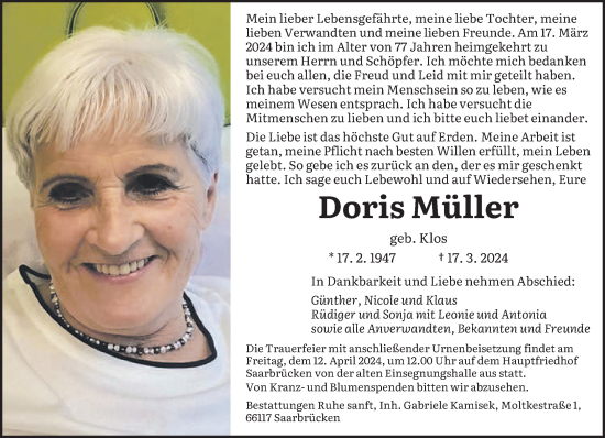 Traueranzeige von Doris Müller von saarbruecker_zeitung