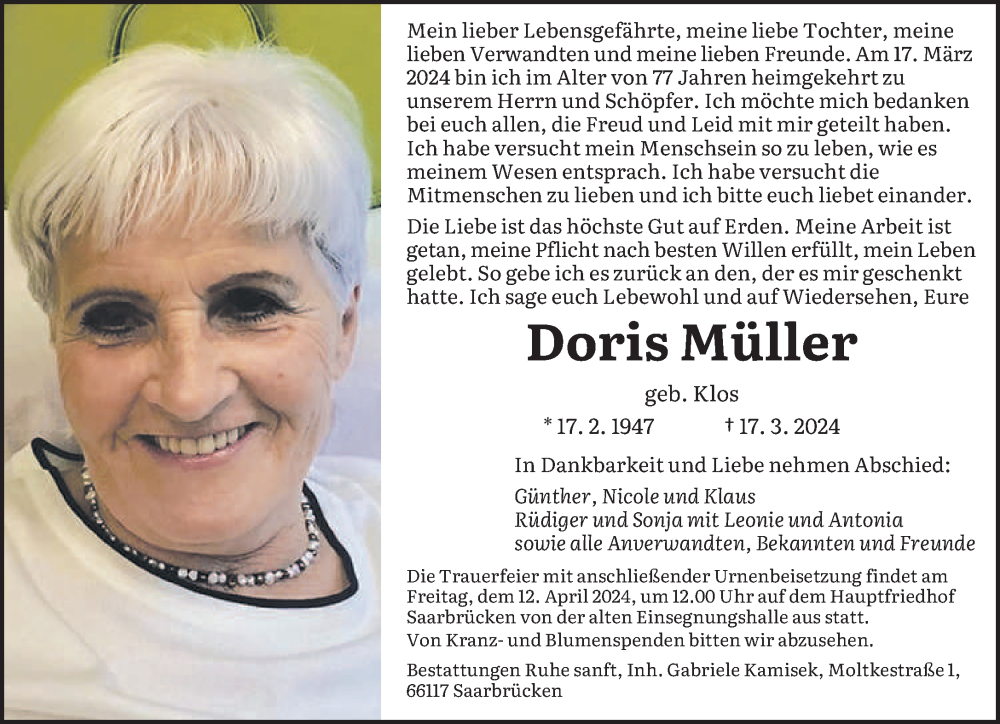  Traueranzeige für Doris Müller vom 06.04.2024 aus saarbruecker_zeitung
