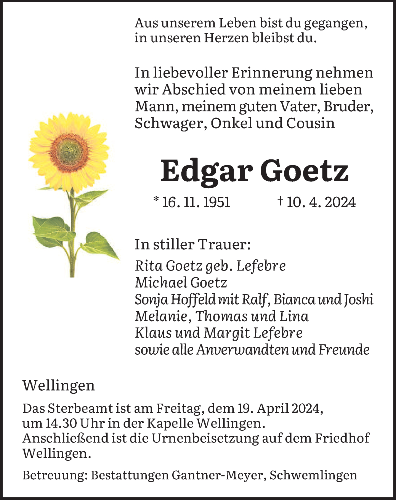  Traueranzeige für Edgar Goetz vom 13.04.2024 aus saarbruecker_zeitung