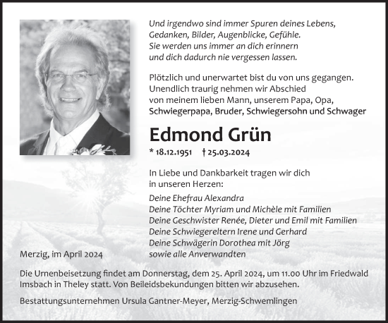 Traueranzeige von Edmond Grün von saarbruecker_zeitung