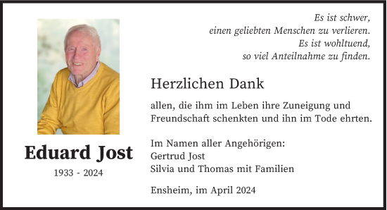 Traueranzeige von Eduard Jost von saarbruecker_zeitung