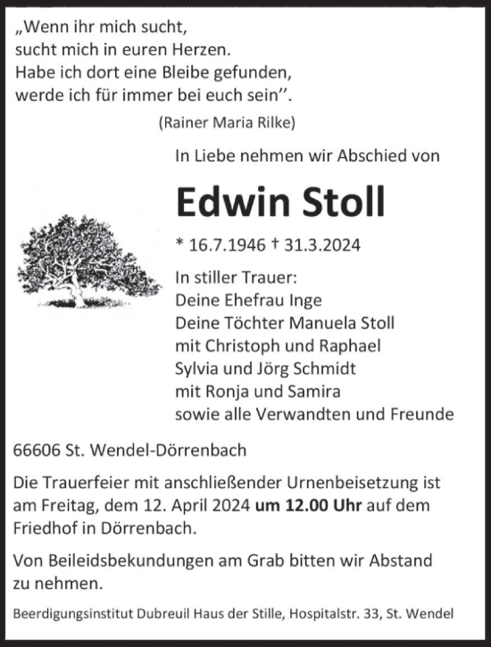 Traueranzeige von Edwin Stoll von saarbruecker_zeitung