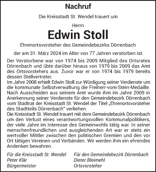 Traueranzeige von Edwin Stoll von saarbruecker_zeitung