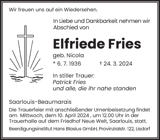 Traueranzeige von Elfriede Fries von saarbruecker_zeitung