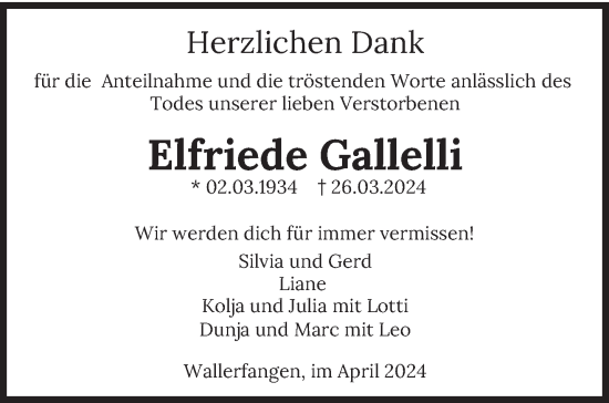 Traueranzeige von Elfriede Gallelli von saarbruecker_zeitung