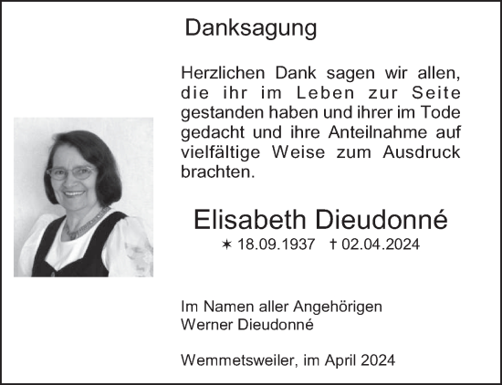 Traueranzeige von Elisabeth Dieudonne von saarbruecker_zeitung