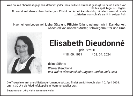 Traueranzeige von Elisabeth Dieudonne von saarbruecker_zeitung