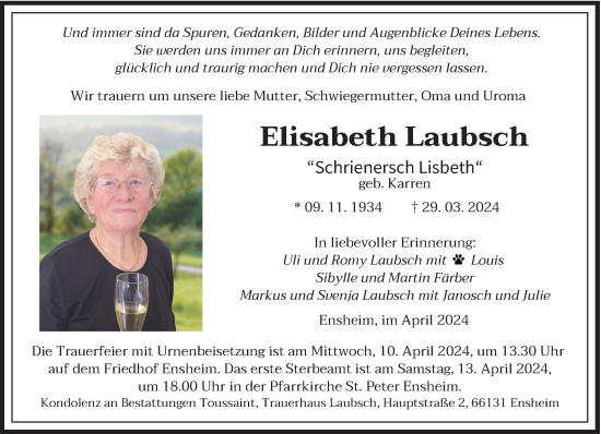 Traueranzeige von Elisabeth Laubusch von saarbruecker_zeitung