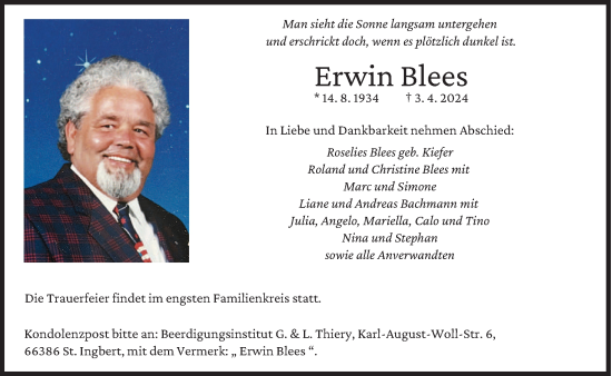 Traueranzeige von Erwin Blees von saarbruecker_zeitung