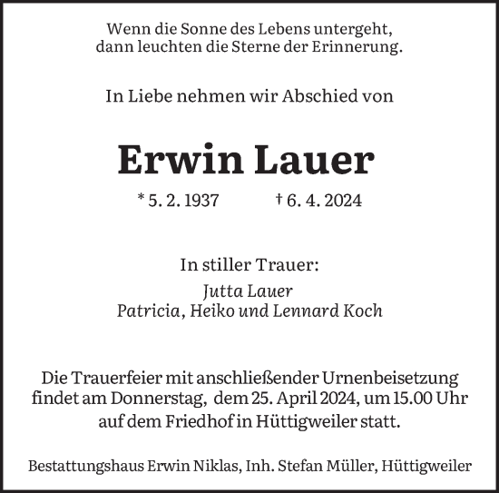 Traueranzeige von Erwin Lauer von saarbruecker_zeitung