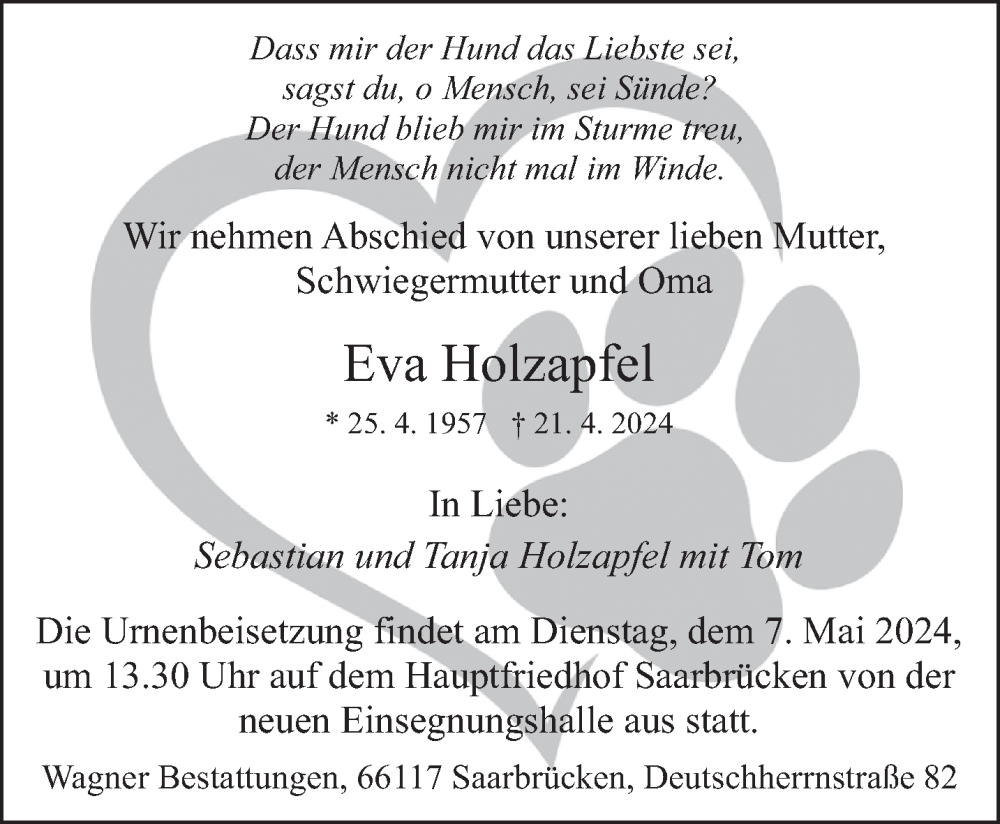  Traueranzeige für Eva Holzapfel vom 27.04.2024 aus saarbruecker_zeitung