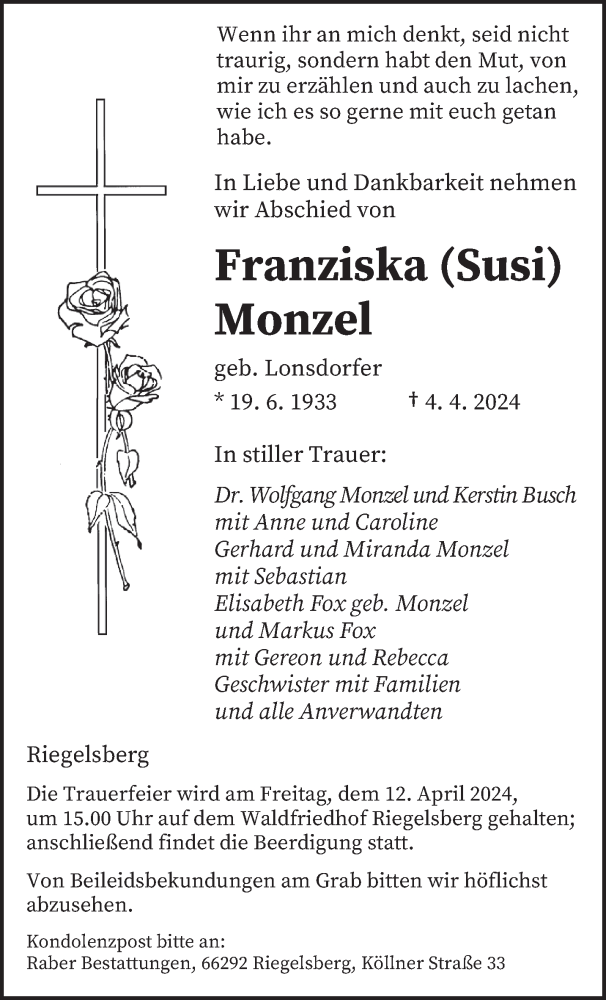  Traueranzeige für Franziska Monzel vom 10.04.2024 aus saarbruecker_zeitung