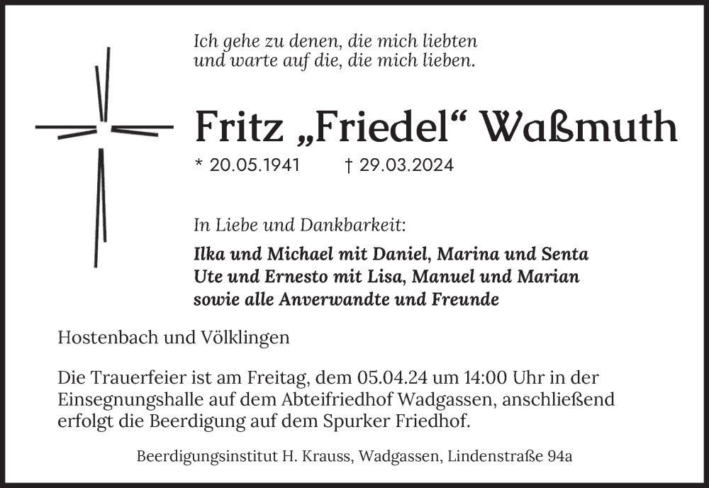  Traueranzeige für Fritz Waßmuth vom 03.04.2024 aus saarbruecker_zeitung
