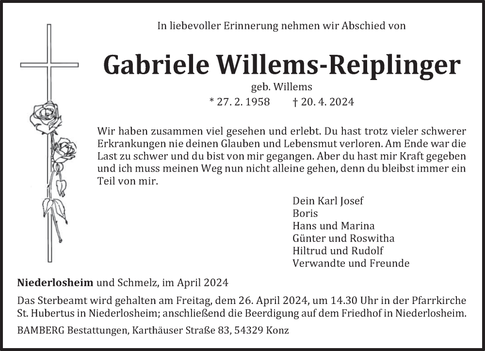  Traueranzeige für Gabriele Willems-Reiplinger vom 23.04.2024 aus saarbruecker_zeitung