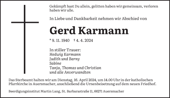 Traueranzeige von Gerd Karmann von saarbruecker_zeitung