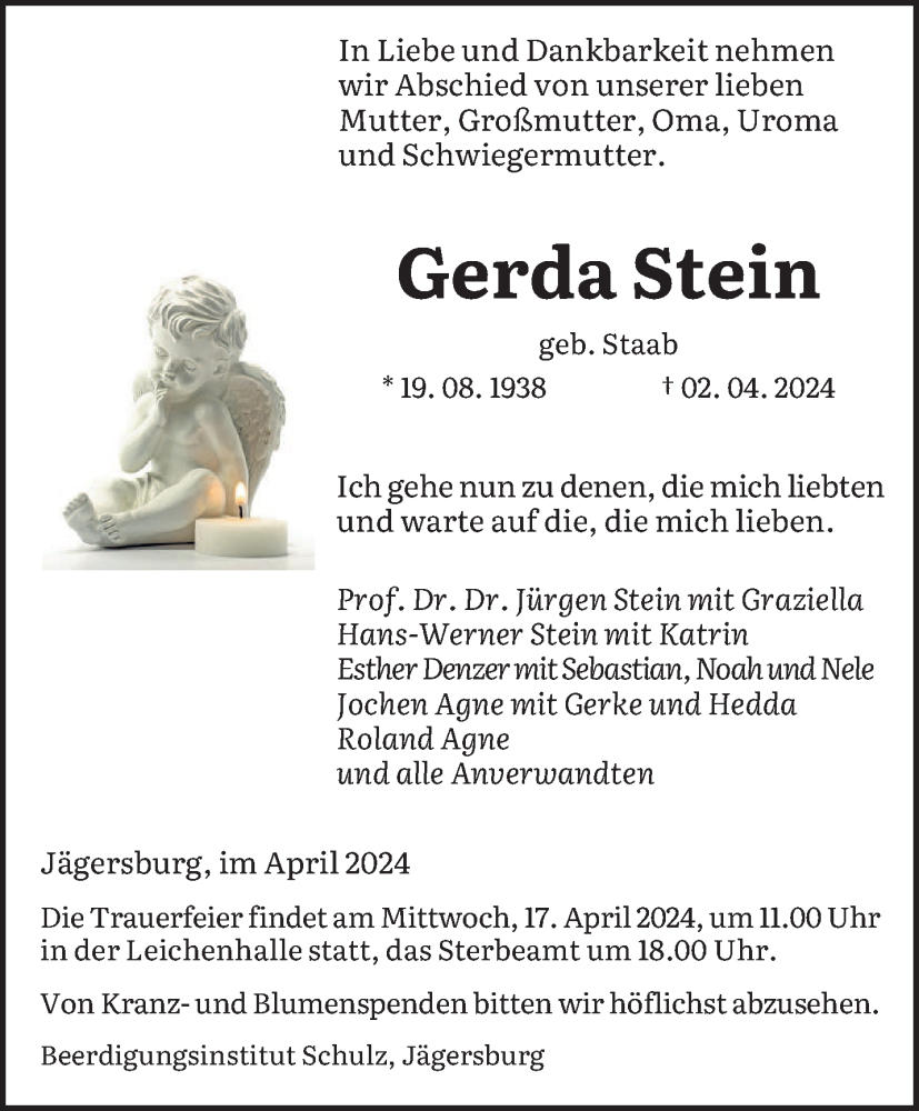  Traueranzeige für Gerda Stein vom 13.04.2024 aus saarbruecker_zeitung
