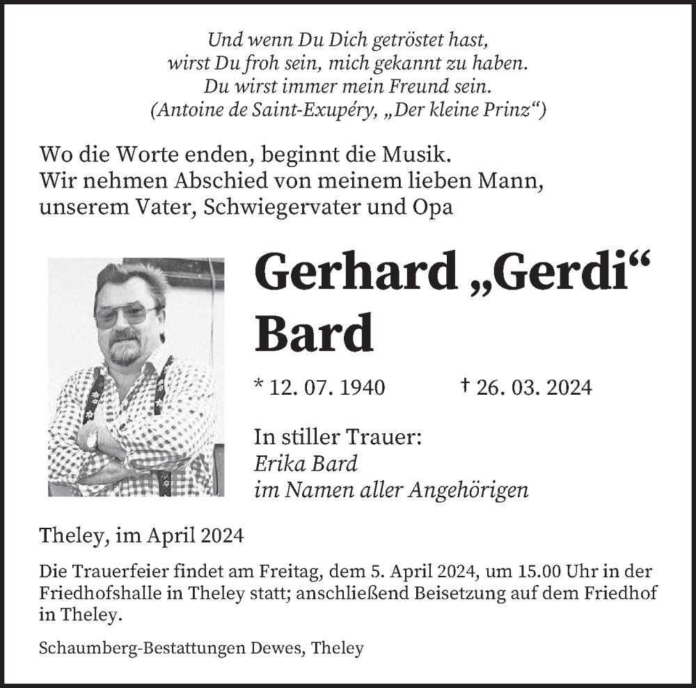  Traueranzeige für Gerhard Bard vom 03.04.2024 aus saarbruecker_zeitung