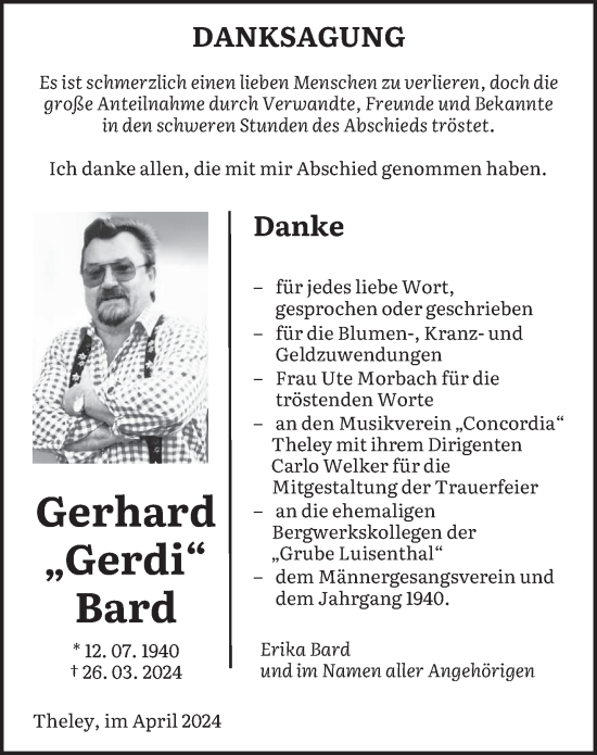 Traueranzeige von Gerhard Bard von saarbruecker_zeitung