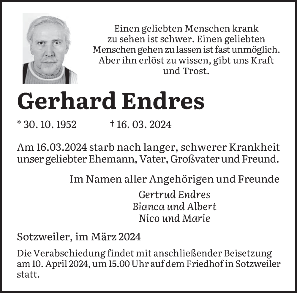  Traueranzeige für Gerhard Endres vom 06.04.2024 aus saarbruecker_zeitung