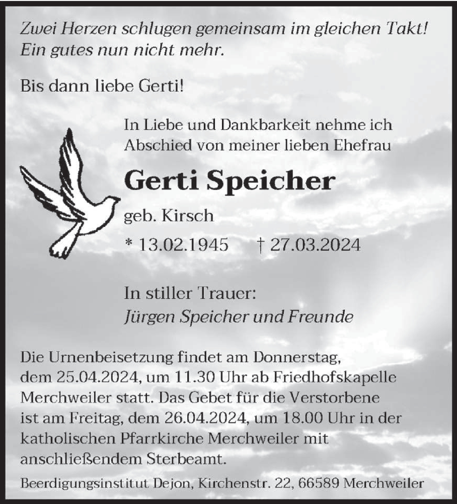  Traueranzeige für Gerti Speicher vom 20.04.2024 aus saarbruecker_zeitung