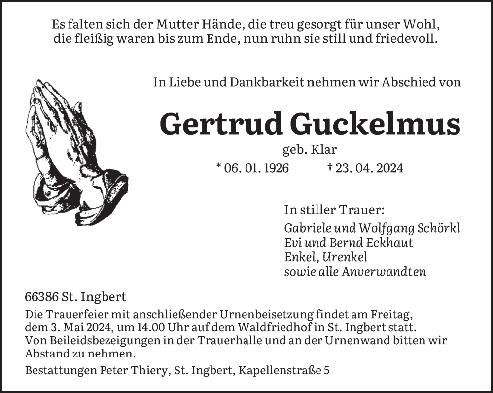  Traueranzeige für Gertrud Guckelmus vom 27.04.2024 aus saarbruecker_zeitung