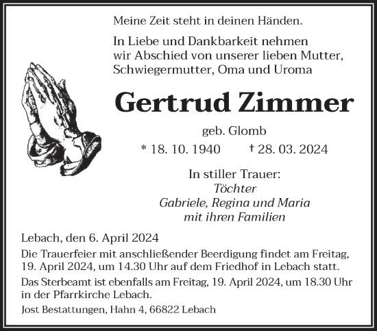 Traueranzeige von Gertrud Zimmer von saarbruecker_zeitung