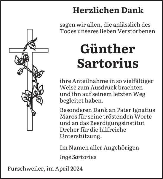 Traueranzeige von Günther Sartorius von saarbruecker_zeitung