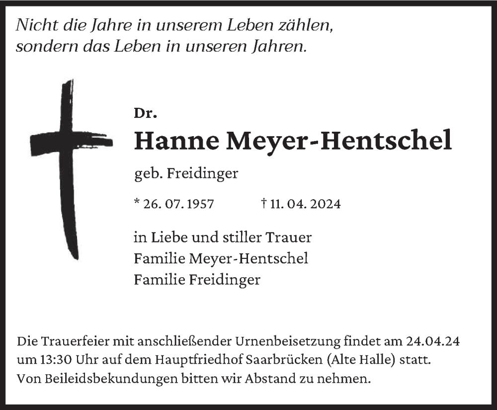  Traueranzeige für Hanne Meyer-Hentschel vom 17.04.2024 aus saarbruecker_zeitung
