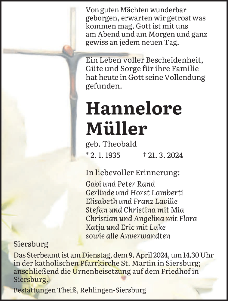  Traueranzeige für Hannelore Müller vom 06.04.2024 aus saarbruecker_zeitung