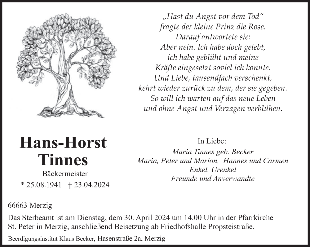  Traueranzeige für Hans-Horst Tinnes vom 27.04.2024 aus saarbruecker_zeitung