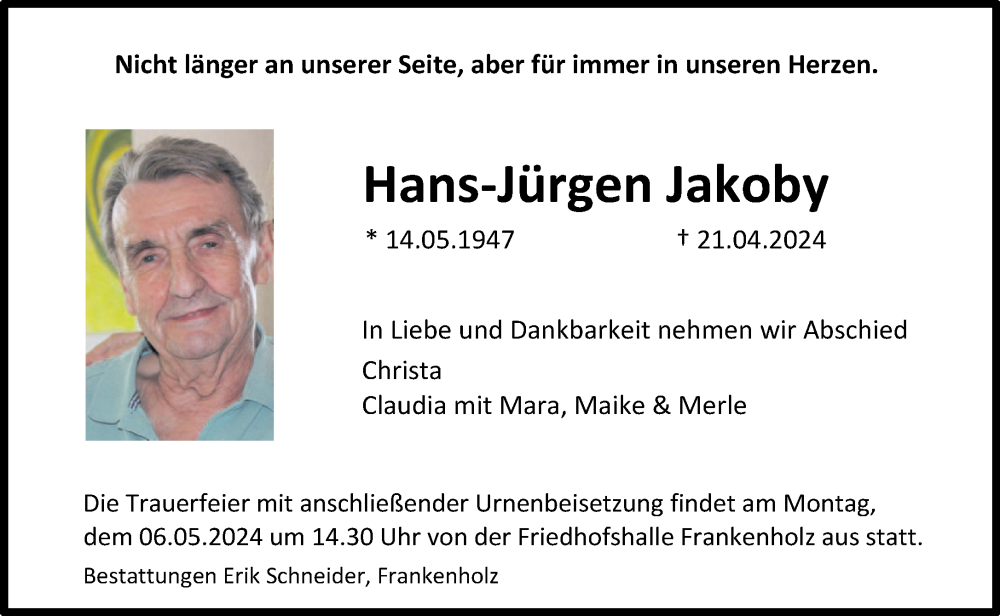  Traueranzeige für Hans-Jürgen Jakoby vom 27.04.2024 aus saarbruecker_zeitung